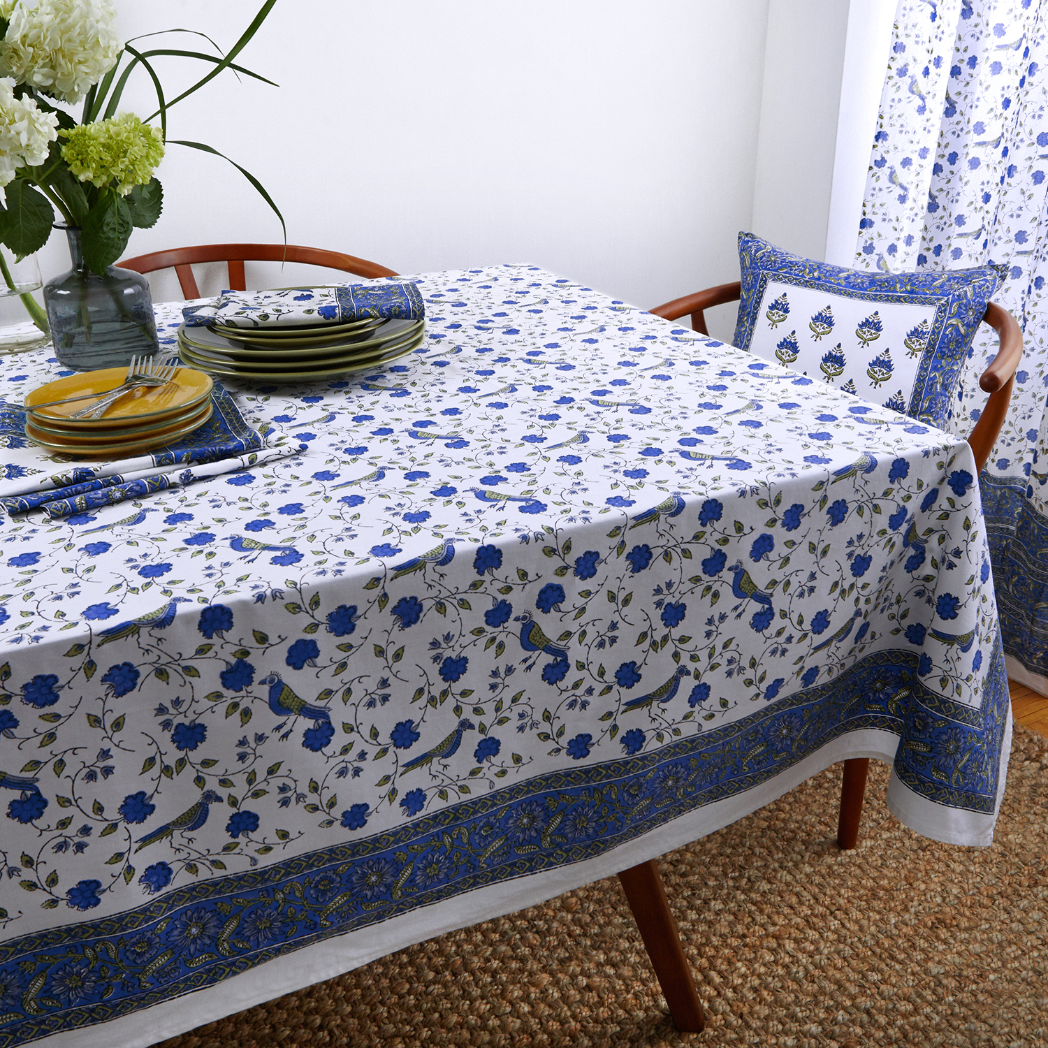 Birds On Vine Tablecloth - Blue